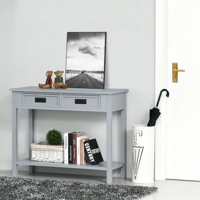 HOMCOM Console Table With 2 Storage Drawers And Open Shelf, Modern Sofa Table For Hallway, Living Room, Or Bedroom, Gray 3 HOMCOM Console Table With 2 Storage Drawers And Open Shelf, Modern Sofa Table For Hallway, Living Room, Or Bedroom, Gray