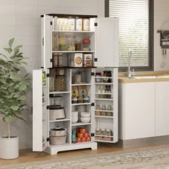 HOMCOM 64" Kitchen Pantry Storage Cabinet With Motion Sensor Light, Spice Racks And Adjustable Shelves, White