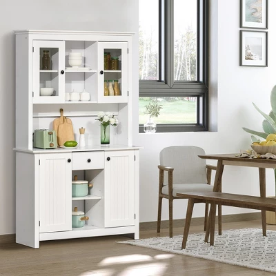 HOMCOM Freestanding Rustic Buffet With Hutch, 4 Doors Farmhouse Kitchen Pantry Cabinet, Microwave Stand With Beadboard Panel, Drawer, White 4 HOMCOM Freestanding Rustic Buffet With Hutch, 4 Doors Farmhouse Kitchen Pantry Cabinet, Microwave Stand With Beadboard Panel, Drawer, White - Image 2