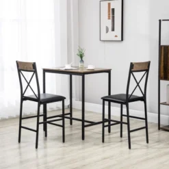 HOMCOM 3 Piece Bar Table And Chair Set, Dining Table And Armless Chairs Set With PU Padded Stools And Steel Frame, Brown