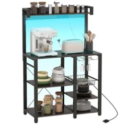 HOMCOM Kitchen Bakers Rack With Power Outlet And LED Lights, Microwave Stand, Coffee Bar With Metal Basket, Multiple Shelves And Glass Holders -Homcom Shop GUEST a32dd8ab b2ee 4158 a78c b6d1ccb55c2f