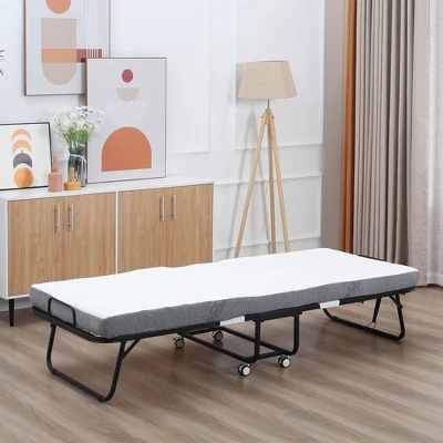 HOMCOM Folding Bed With 4" Mattress, Portable Foldable Guest Bed With Sturdy Metal Frame And Wheels, White 3 HOMCOM Folding Bed With 4" Mattress, Portable Foldable Guest Bed With Sturdy Metal Frame And Wheels, White