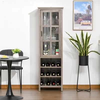 HOMCOM Tall Wine Cabinet, Bar Display Cupboard With 12-Bottle Wine Rack, Glass Door And 3 Storage Compartment For Living Room, Home Bar, Dining Room 7 HOMCOM Tall Wine Cabinet, Bar Display Cupboard With 12-Bottle Wine Rack, Glass Door And 3 Storage Compartment For Living Room, Home Bar, Dining Room - Image 5