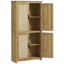 HOMCOM 64" Kitchen Pantry Storage Cabinet, Freestanding Kitchen Cabinet With 4 Rattan Doors, 4 Tier Shelves And Adjustable Shelf, Natural -Homcom Shop GUEST ac975b65 b05b 40c2 994a 19480cc5e710
