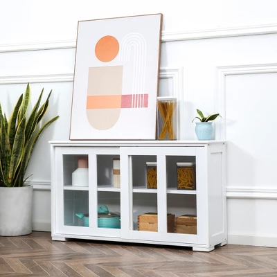 HOMCOM Modern Kitchen Sideboard, Stackable Buffet Cabinet, Sliding Glass Door Cupboard With Adjustable Shelf, White 3 HOMCOM Modern Kitchen Sideboard, Stackable Buffet Cabinet, Sliding Glass Door Cupboard With Adjustable Shelf, White