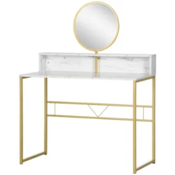 HOMCOM Modern Vanity Makeup Desk With Mirror, Dressing Table With Open Storage, Faux Marble Finish And Steel Frame For Bedroom, White And Gold -Homcom Shop GUEST af3eadda f9b1 42c1 b174 b25d988c8247