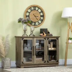 HOMCOM Farmhouse Style Buffet Cabinet, Glass Door Sideboard, Kitchen Storage Cabinet, Coffee Bar For Living Room, Distressed Grey