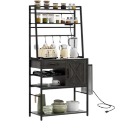 HOMCOM Kitchen Baker's Rack With Power Outlet, LED Lights, Microwave Stand With Storage Shelves, Wine Bottle Rack, Barn Door Cabinet -Homcom Shop GUEST b0c94d81 581e 4091 8e40 e8f3ab776277