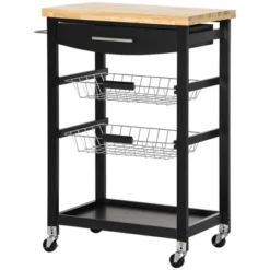 HOMCOM 3-Tier Utility Kitchen Cart With Handle Bar, Steel Basket Rolling Cart, Food Storage Service Trolley With Drawer, Rubber Wood Top, Black -Homcom Shop GUEST b16e0633 889b 40d7 879d 6786f2edf698