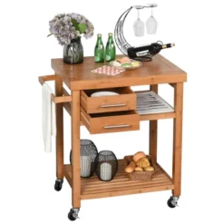 HOMCOM Bamboo Kitchen Island Cart On Wheels, Utility Trolley Cart With 2 Storage Drawers And Open Shelves, Natural -Homcom Shop GUEST b36230fb ce14 4834 b6de 14b8d56cd75f