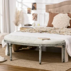 HOMCOM Vintage Semi-Circle Hallway Bench Tufted Upholstered Velvet-Touch Fabric Accent Seat With Rubberwood Legs, Off White