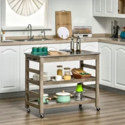 HOMCOM Rolling Kitchen Cart With Stainless Steel Countertop, 1 Bottom Shelf, 1 Slotted Middle Shelf And 4 Castor Wheels, Gray -Homcom Shop GUEST b587e41a 2809 4e3d 8c4c 0c4c0d149244