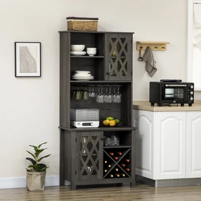 HOMCOM 72" Kitchen Pantry, Buffet With Hutch, Cupboard For Microwave, With 2 Door Cabinet, Wine Glasses Rack And 12-Bottle Wine Rack, Dark Grey 4 HOMCOM 72" Kitchen Pantry, Buffet With Hutch, Cupboard For Microwave, With 2 Door Cabinet, Wine Glasses Rack And 12-Bottle Wine Rack, Dark Grey - Image 2