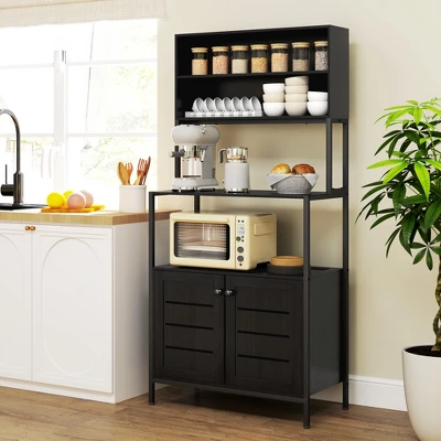 HOMCOM Baker's Rack With Power Outlet, Coffee Bar Cabinet With Storage Shelves, Microwave Stand With Louvred Door Cabinets, Black 4 HOMCOM Baker's Rack With Power Outlet, Coffee Bar Cabinet With Storage Shelves, Microwave Stand With Louvred Door Cabinets, Black - Image 2