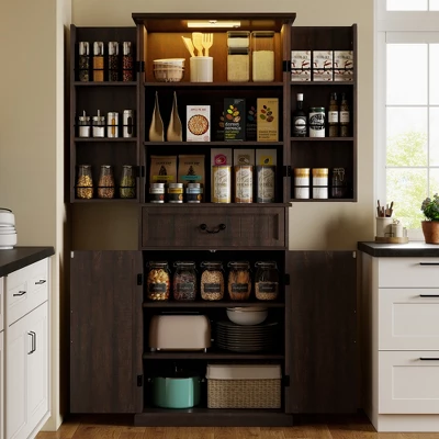 HOMCOM 71" LED Kitchen Pantry Cabinet, Farmhouse Storage Cabinet With Door Shelves, Adjustable Shelves And Drawer, Distressed Brown 8 HOMCOM 71" LED Kitchen Pantry Cabinet, Farmhouse Storage Cabinet With Door Shelves, Adjustable Shelves And Drawer, Distressed Brown - Image 6