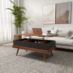 HOMCOM Lift Top Coffee Table, 39.25" Coffee Table With Hidden Compartments And Wood Legs, Walnut