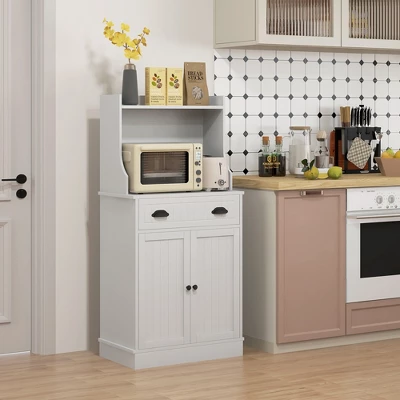 HOMCOM Microwave Cabinet With Drawer, Double Door Cabinet And Adjustable Shelf, Buffet With Hutch And Cable Hole For Kitchen, Dining Room, White 4 HOMCOM Microwave Cabinet With Drawer, Double Door Cabinet And Adjustable Shelf, Buffet With Hutch And Cable Hole For Kitchen, Dining Room, White - Image 2