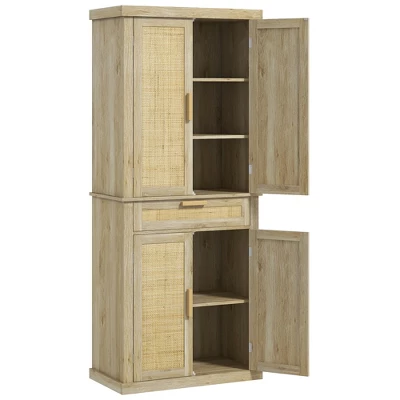 HOMCOM 72" Tall Kitchen Pantry Storage Cabinet, Rattan Freestanding Kitchen Cabinet With 4 Doors, Drawer, 5-Tier Shelf And Adjustable Shelves, Oak 5 HOMCOM 72" Tall Kitchen Pantry Storage Cabinet, Rattan Freestanding Kitchen Cabinet With 4 Doors, Drawer, 5-Tier Shelf And Adjustable Shelves, Oak - Image 3