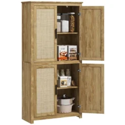 HOMCOM 64" Kitchen Pantry Storage Cabinet, Freestanding Kitchen Cabinet With 4 Rattan Doors, 4 Tier Shelves And Adjustable Shelf, Natural -Homcom Shop GUEST c334548d b1b8 4b9f ad41 84d0e954bc23