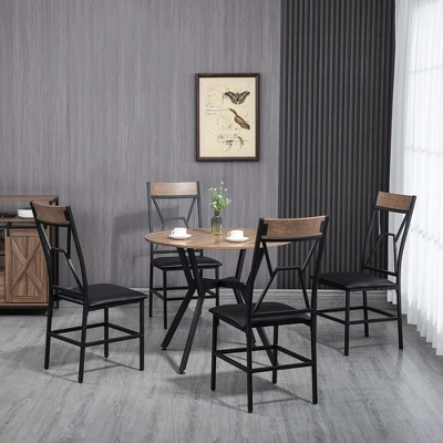 HOMCOM Industrial Dining Table Set Space-Saving Kitchen Table And Chairs Set With Round Table Padded Seat And Steel Frame Brown 5 Piece 3 HOMCOM Industrial Dining Table Set Space-Saving Kitchen Table And Chairs Set With Round Table Padded Seat And Steel Frame Brown 5 Piece