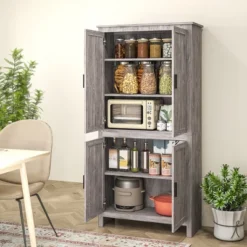 HOMCOM 64" 4-Door Kitchen Pantry, Freestanding Storage Cabinet With 3 Adjustable Shelves For Kitchen, Dining Or Living Room, Gray Oak