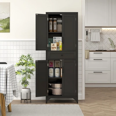 HOMCOM 67" Tall Freestanding Kitchen Pantry Cabinet, 4-Door Storage Cabinet With Drawer And Adjustable Shelves For Dining Room 3 HOMCOM 67" Tall Freestanding Kitchen Pantry Cabinet, 4-Door Storage Cabinet With Drawer And Adjustable Shelves For Dining Room