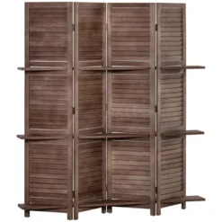 HOMCOM 4-Panel Folding Room Divider, 5.6 Ft Freestanding Paulownia Wood Privacy Screen Panel With Storage Shelves For Bedroom Or Office -Homcom Shop GUEST c929ff3b 1a15 45b9 8268 f55f004dc389