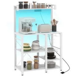 HOMCOM Kitchen Bakers Rack With Power Outlet And LED Lights, Microwave Stand, Coffee Bar With Metal Basket, Multiple Shelves And Glass Holders -Homcom Shop GUEST d0140a93 bb5f 4bd4 acbd 86e756e0f21d