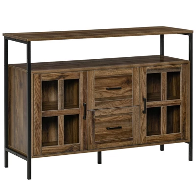 HOMCOM Rustic Kitchen Sideboard, Serving Buffet Storage Cabinet With Adjustable Shelves, Glass Doors, And 2 Drawers For Living Room 8 HOMCOM Rustic Kitchen Sideboard, Serving Buffet Storage Cabinet With Adjustable Shelves, Glass Doors, And 2 Drawers For Living Room - Image 6