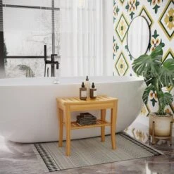 HOMCOM Long Bamboo Shower Bench Seat, 20" Wooden Spa Shower Stool With Underneath Storage Shelf Shoe Organizer 10 HOMCOM Long Bamboo Shower Bench Seat, 20" Wooden Spa Shower Stool With Underneath Storage Shelf Shoe Organizer -Homcom Shop GUEST db6844f4 b102 470d b06e cc87b5b91feb