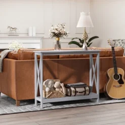 HOMCOM 2-Tier Console Table, Sofa Side Table With Storage Shelf, X Design For Entryway, Living Room, And Hallway