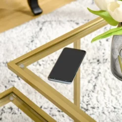 HOMCOM 38" Modern Tempered Glass Coffee Table, Side Table With 2 Tabletops For Living Room, Office, Bedroom, Gold -Homcom Shop GUEST e0005c2e 2c79 45aa 88fd 356324d00809