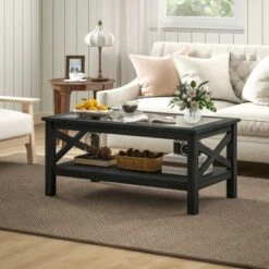 HOMCOM Farmhouse Style Coffee Table With Wood Frame, Tempered Glass Tabletop And Underneath Storage Shelf For Living Room -Homcom Shop GUEST e1a27864 77ac 4c94 8ac9 ac9e6387e62b