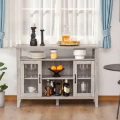 HOMCOM Retro Style Storage Sideboard Buffet With 3 Open Compartments, 2 Framed Glass Door Cabinets And Anti-Topple