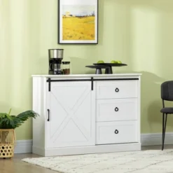 HOMCOM Farmhouse Coffee Bar Cabinet, Kitchen Sideboard, Buffet Cabinet With Sliding Barn Door And 3 Storage Drawers For Living Room, White -Homcom Shop GUEST ee4d150a 540b 4839 8e28 69918f6c8319