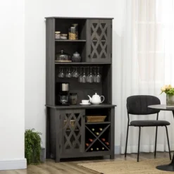 HOMCOM 72" Kitchen Pantry, Buffet With Hutch, Cupboard For Microwave, With 2 Door Cabinet, Wine Glasses Rack And 12-Bottle Wine Rack, Dark Grey