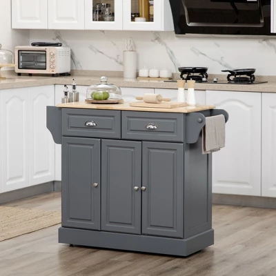 HOMCOM Kitchen Island With Storage Rolling Kitchen Serving Cart With Rubber Wood Top Towel Rack Storage Drawer And Cabinet Grey 3 HOMCOM Kitchen Island With Storage Rolling Kitchen Serving Cart With Rubber Wood Top Towel Rack Storage Drawer And Cabinet Grey