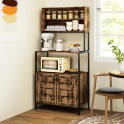 HOMCOM Baker's Rack With Power Outlet, Coffee Bar Cabinet With Storage Shelves, Microwave Stand With Louvred Door Cabinets, Rustic Brown