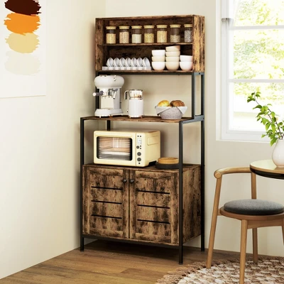 HOMCOM Baker's Rack With Power Outlet, Coffee Bar Cabinet With Storage Shelves, Microwave Stand With Louvred Door Cabinets, Rustic Brown 3 HOMCOM Baker's Rack With Power Outlet, Coffee Bar Cabinet With Storage Shelves, Microwave Stand With Louvred Door Cabinets, Rustic Brown