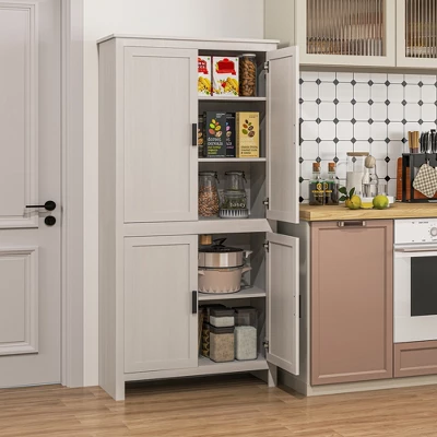 HOMCOM 64" 4-Door Kitchen Pantry, Freestanding Storage Cabinet With 3 Adjustable Shelves For Kitchen, Dining Or Living Room, Antique White 4 HOMCOM 64" 4-Door Kitchen Pantry, Freestanding Storage Cabinet With 3 Adjustable Shelves For Kitchen, Dining Or Living Room, Antique White - Image 2