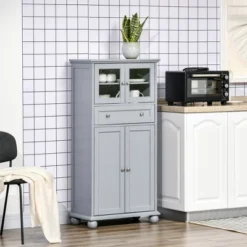 HOMCOM 52" Traditional Kitchen Pantry, Floor Storage Cabinet, Small Cupboard Organizer With Adjustable Shelves And 4-Doors For Living Room, Gray