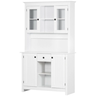 HOMCOM Freestanding Rustic Buffet With Hutch, 4 Doors Farmhouse Kitchen Pantry Cabinet, Microwave Stand With Beadboard Panel, Drawer, White 5 HOMCOM Freestanding Rustic Buffet With Hutch, 4 Doors Farmhouse Kitchen Pantry Cabinet, Microwave Stand With Beadboard Panel, Drawer, White - Image 3