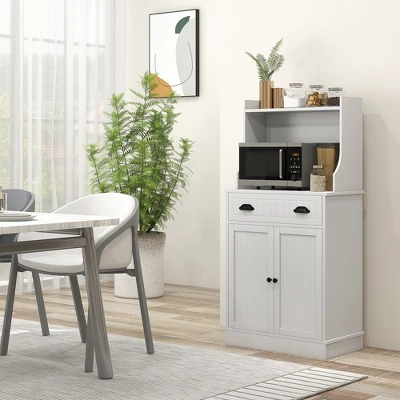 HOMCOM Microwave Cabinet With Drawer, Double Door Cabinet And Adjustable Shelf, Buffet With Hutch And Cable Hole For Kitchen, Dining Room, White 3 HOMCOM Microwave Cabinet With Drawer, Double Door Cabinet And Adjustable Shelf, Buffet With Hutch And Cable Hole For Kitchen, Dining Room, White