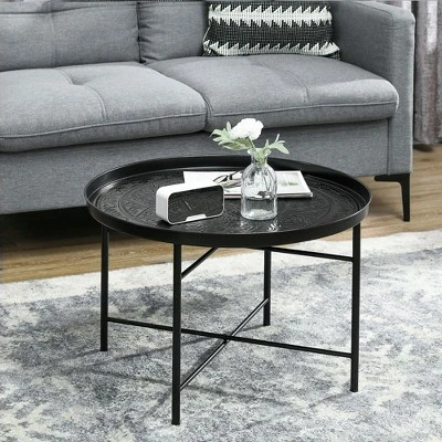 HOMCOM 24" Round Coffee Table With Hammered Tray Top, Vintage Metal Center Table For Living Room, Bedroom, Side Table 4 HOMCOM 24" Round Coffee Table With Hammered Tray Top, Vintage Metal Center Table For Living Room, Bedroom, Side Table - Image 2