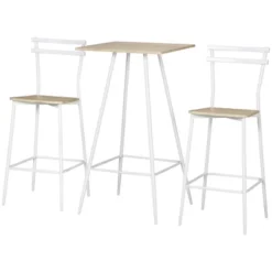 HOMCOM Bar Table And Chairs Set, 3 Piece Dining Table Set For 2 With Steel Frame And Footrest For Bar And Kitchen, White/Oak -Homcom Shop GUEST fe16ac96 ea71 4e05 8b13 5f9dfb0776a3