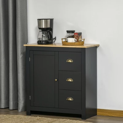 HOMCOM Modern Floor Cabinet, Storage Sideboard, Kitchen Buffet Table With Rubberwood Top, 3 Drawers And Cabinet With Adjustable Shelf 3 HOMCOM Modern Floor Cabinet, Storage Sideboard, Kitchen Buffet Table With Rubberwood Top, 3 Drawers And Cabinet With Adjustable Shelf