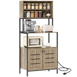 HOMCOM Baker's Rack With Power Outlet, Coffee Bar Cabinet With Storage Shelves, Microwave Stand With Louvred Door Cabinets, Gray Wood Grain -Homcom Shop GUEST fea810fc 3640 4026 bfde d4a06a664cb4