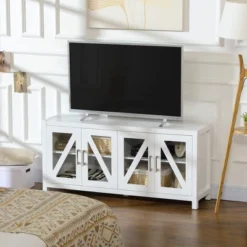 HOMCOM TV Cabinet Stand For TVs Up To 58", Entertainment Center With Adjustable Shelves, 4 Glass Doors And 4 Cable Holes For Living Room, White -Homcom Shop GUEST ffc85536 704a 4440 9756 e19b92ac473e